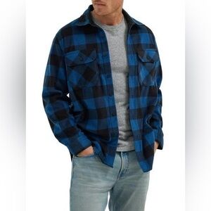 Men's Wrangler Fleece Button Down Flannel Small Blue‎ Black Buffalo Check Plaid
